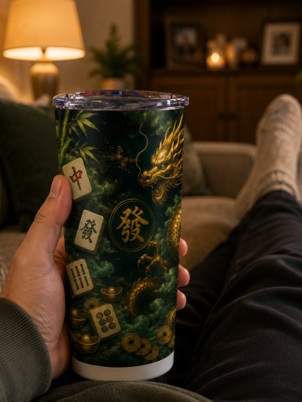 Gold Dragon Mahjong Tumbler 20oz | Mahjong Gift for Her | Jade Green Chinese - Picture 6 of 9